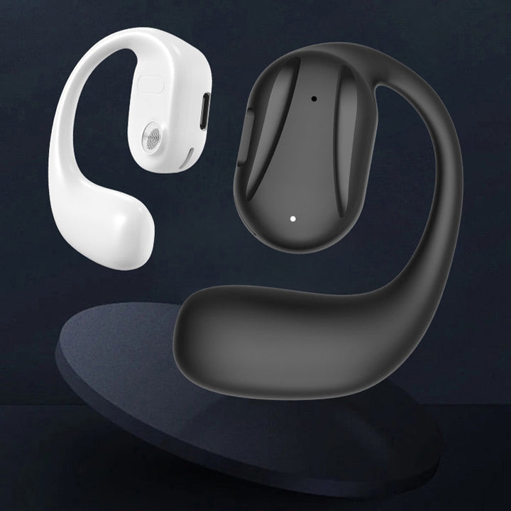 Trådlös Bluetooth-öronsnäcka med benledning, elegant design, grå, för aktiv livsstil och möjlighet att höra omgivningen.