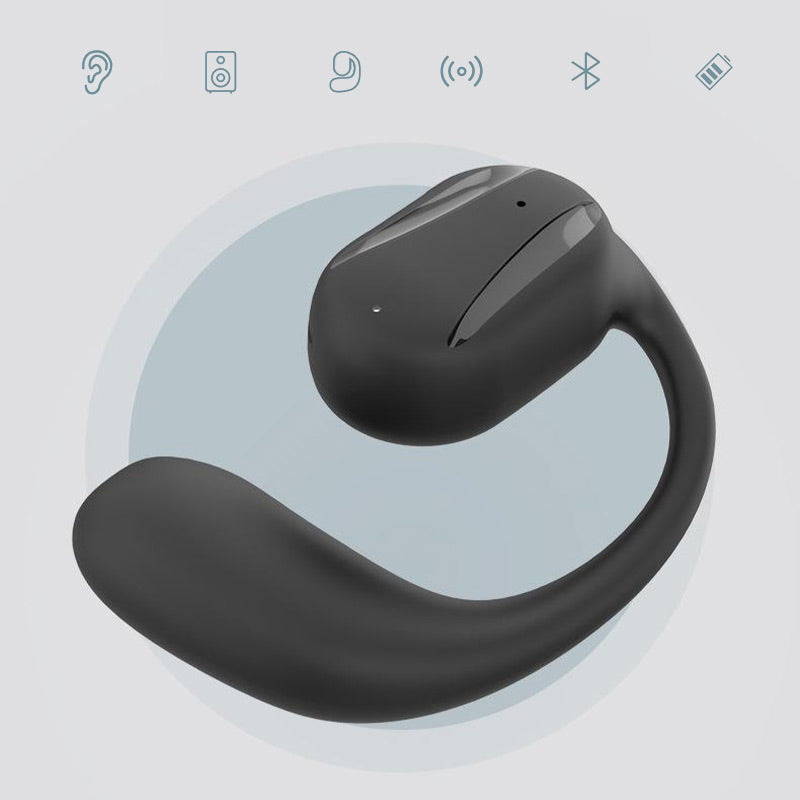 Trådlös Bluetooth-öronsnäcka med benledning, elegant design, grå, för aktiv livsstil och möjlighet att höra omgivningen.