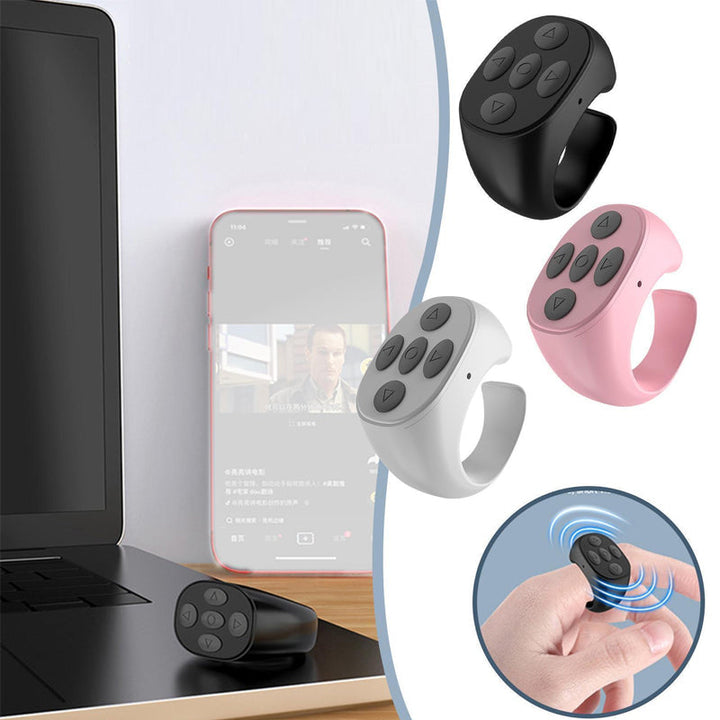 "Trådlös Bluetooth-ringfjärrkontroll för mobil, ergonomisk design, kompakt storlek, finns i svart, rosa, vit."