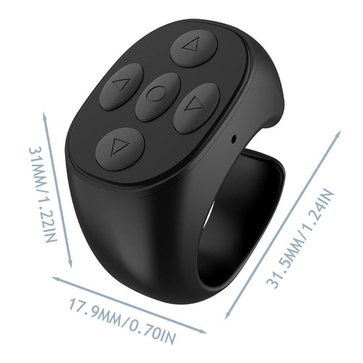 "Trådlös Bluetooth-ringfjärrkontroll för mobil, ergonomisk design, kompakt storlek, finns i svart, rosa, vit."