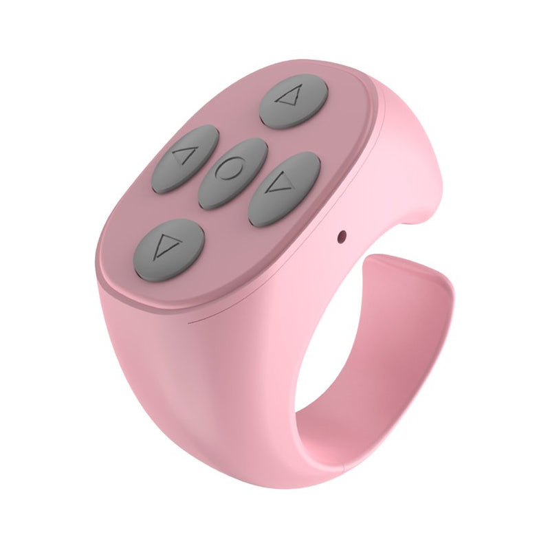 "Trådlös Bluetooth-ringfjärrkontroll för mobil, ergonomisk design, kompakt storlek, finns i svart, rosa, vit."