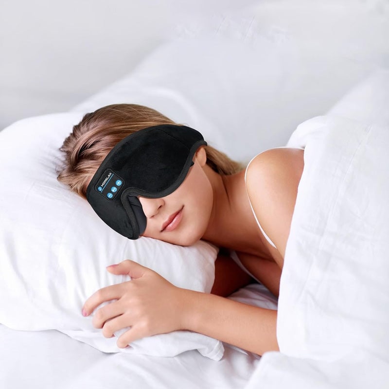 "Trådlös Bluetooth-sömnmask i mjuk velour för avkoppling, blockerar ljus, lyssna på musik. Perfekt för resor och meditation."