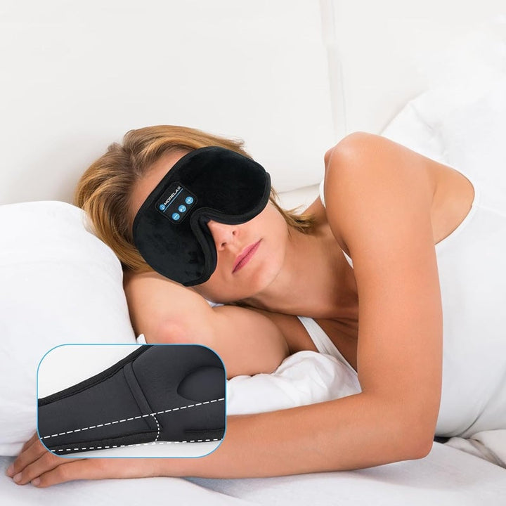 "Trådlös Bluetooth-sömnmask i mjuk velour för avkoppling, blockerar ljus, lyssna på musik. Perfekt för resor och meditation."