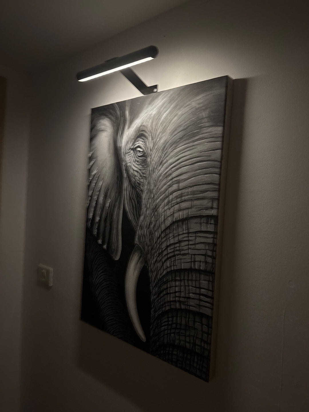 Närbild på den stilrena LED-vägglampan för tavlor med varmt och behagligt sken