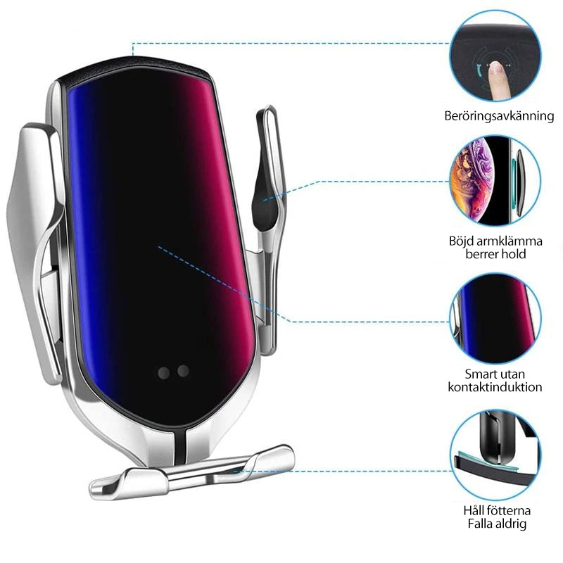Trådlös Qi-billaddare med robotarm i silver, flexibel justering och 360° rotation för optimal mobilanvändning i bilen.