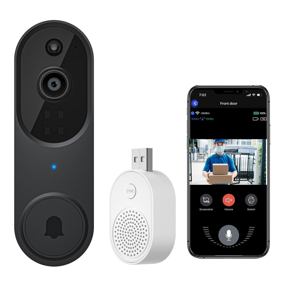 "Trådlös utomhuskamera med HD nattseende, AI detektion, visad med mörk väderbeständig design, perfekt för säkerhet utomhus."