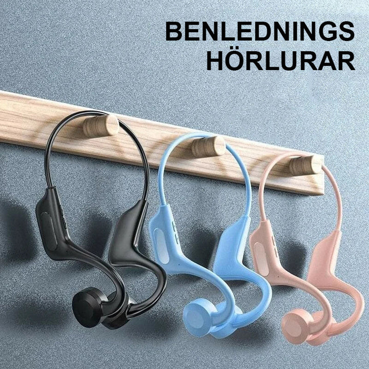 "Trådlösa benledningshörlurar med ergonomisk design, bekväm passform för alla aktiviteter, Bluetooth-anslutna."