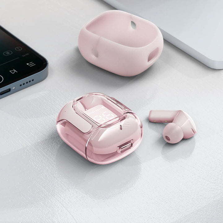 "Trådlösa Bluetooth-öronsnäckor med ENC, visa olika färger och elegant, futuristiskt laddningsfodral."