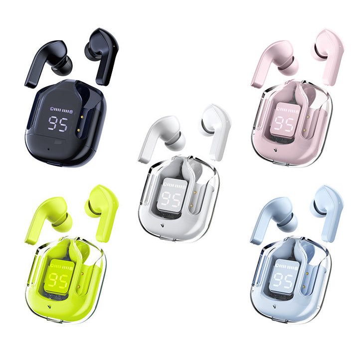 "Trådlösa Bluetooth-öronsnäckor med ENC, visa olika färger och elegant, futuristiskt laddningsfodral."