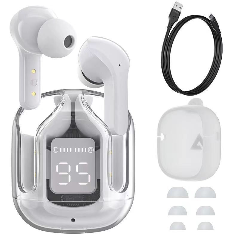 "Trådlösa Bluetooth-öronsnäckor med ENC, visa olika färger och elegant, futuristiskt laddningsfodral."