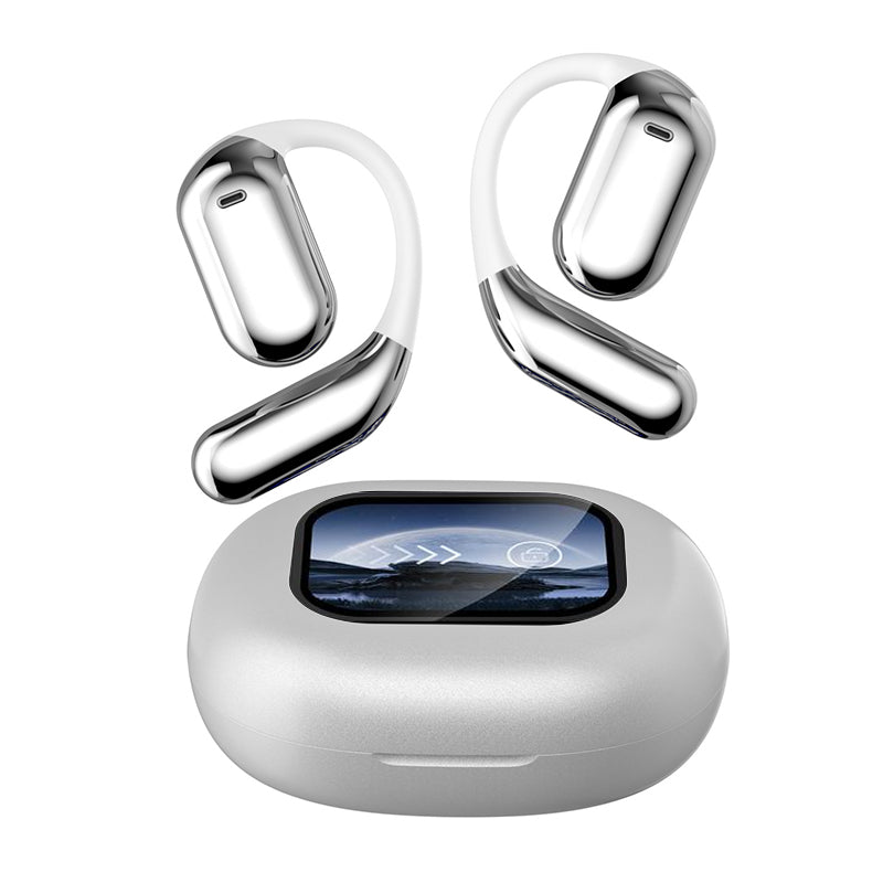 Trådlösa Bluetooth-hörlurar med pekskärmskontroll för öppen passform, i färgerna silver och svart, för bekväm användning.