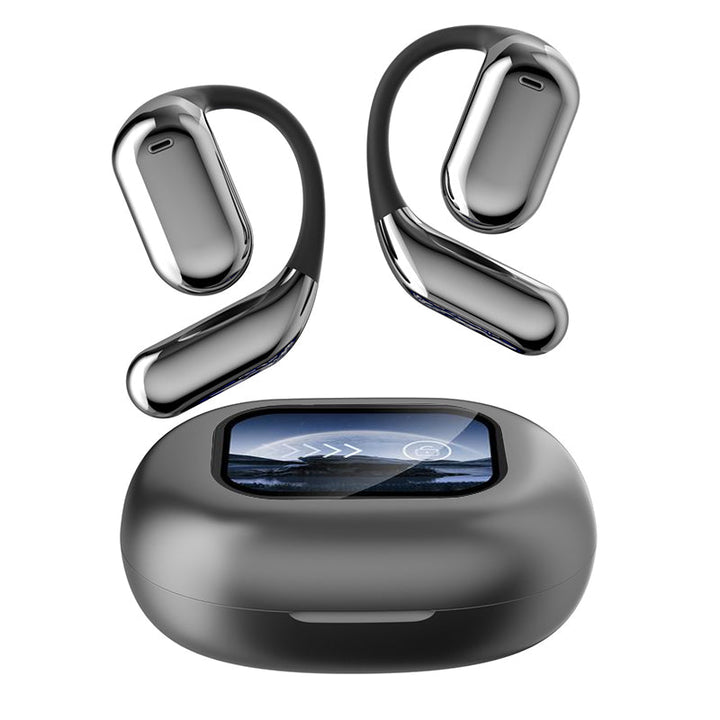 Trådlösa Bluetooth-hörlurar med pekskärmskontroll för öppen passform, i färgerna silver och svart, för bekväm användning.