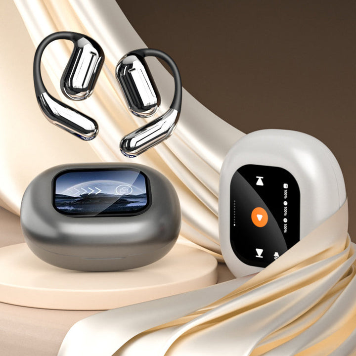Trådlösa Bluetooth-hörlurar med pekskärmskontroll för öppen passform, i färgerna silver och svart, för bekväm användning.