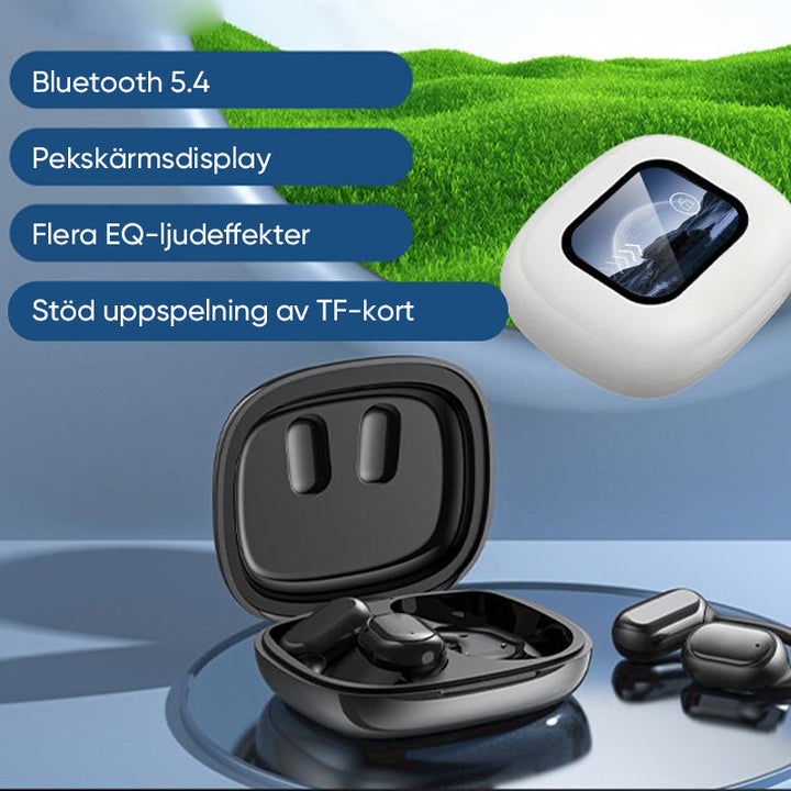 Trådlösa Bluetooth-hörlurar med pekskärmskontroll för öppen passform, i färgerna silver och svart, för bekväm användning.