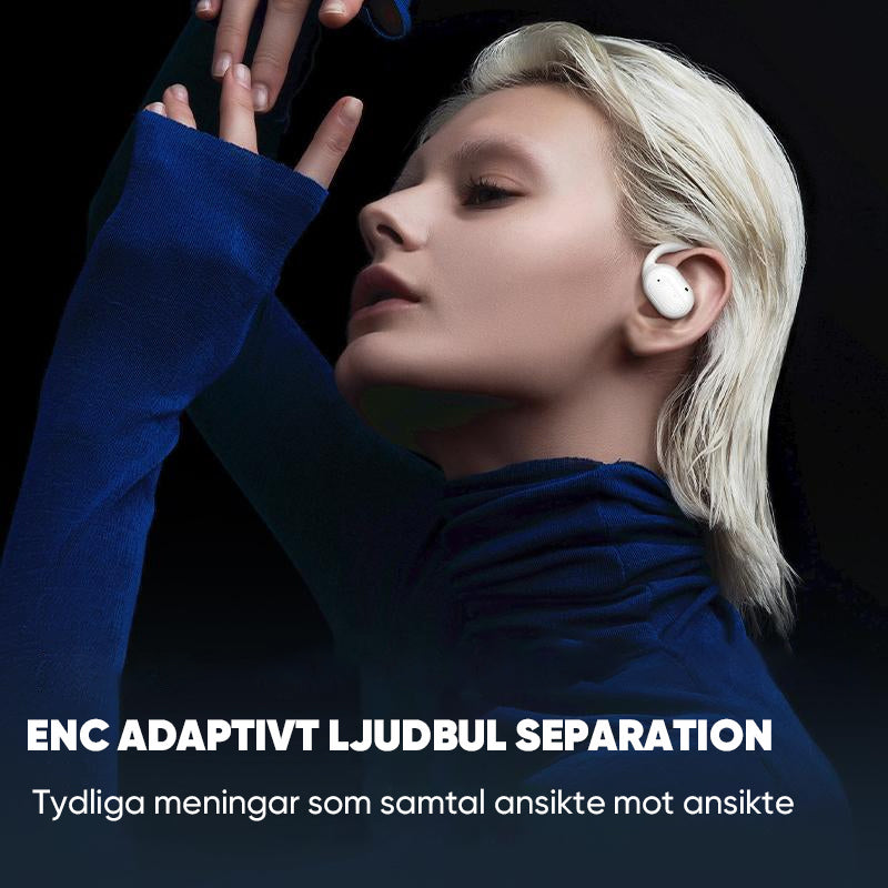 Trådlösa Bluetooth-hörlurar med pekskärmskontroll för öppen passform, i färgerna silver och svart, för bekväm användning.