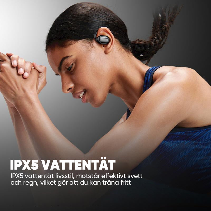 Trådlösa Bluetooth-hörlurar med pekskärmskontroll för öppen passform, i färgerna silver och svart, för bekväm användning.