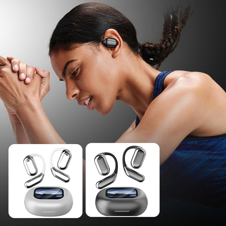 Trådlösa Bluetooth-hörlurar med pekskärmskontroll för öppen passform, i färgerna silver och svart, för bekväm användning.