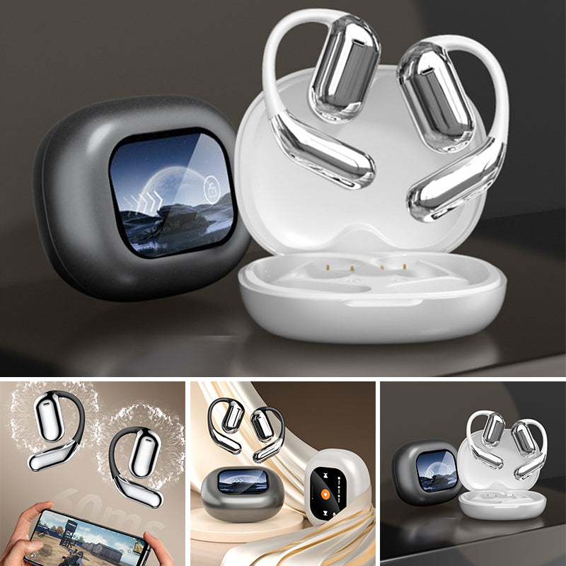 Trådlösa Bluetooth-hörlurar med pekskärmskontroll för öppen passform, i färgerna silver och svart, för bekväm användning.