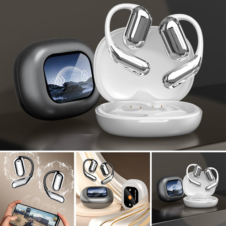 Trådlösa Bluetooth-hörlurar med pekskärmskontroll för öppen passform, i färgerna silver och svart, för bekväm användning.