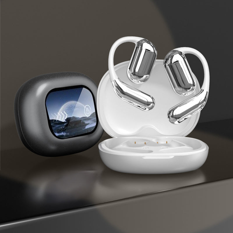 Trådlösa Bluetooth-hörlurar med pekskärmskontroll för öppen passform, i färgerna silver och svart, för bekväm användning.