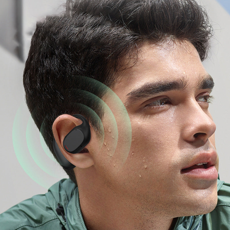 "Trådlösa Bluetooth sportöronsnäckor med öronkrokar, hängande design, öppet passform, IPX5 vattentäta, svart färg."
