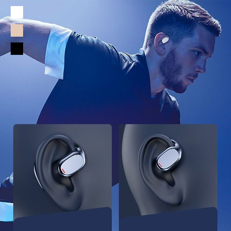 "Trådlösa Bluetooth sportöronsnäckor med öronkrokar, hängande design, öppet passform, IPX5 vattentäta, svart färg."