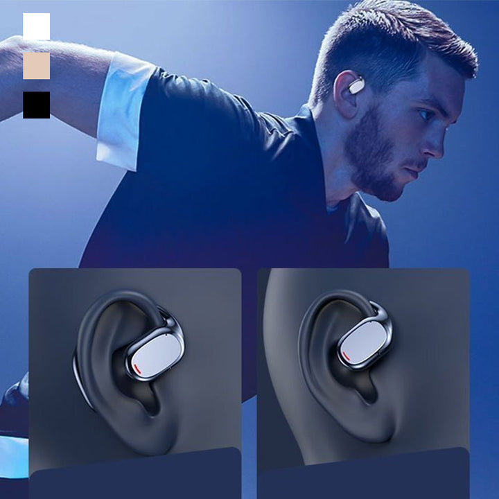 "Trådlösa Bluetooth sportöronsnäckor med öronkrokar, hängande design, öppet passform, IPX5 vattentäta, svart färg."
