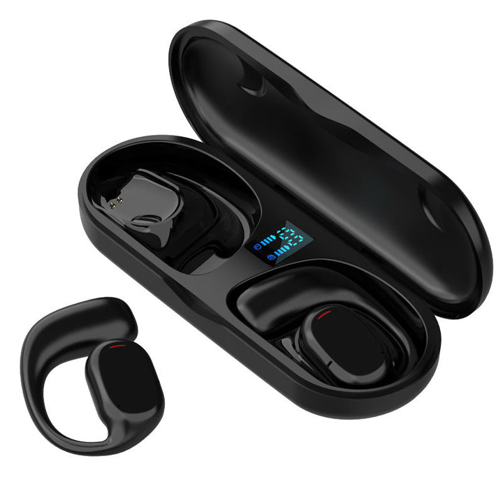 "Trådlösa Bluetooth sportöronsnäckor med öronkrokar, hängande design, öppet passform, IPX5 vattentäta, svart färg."
