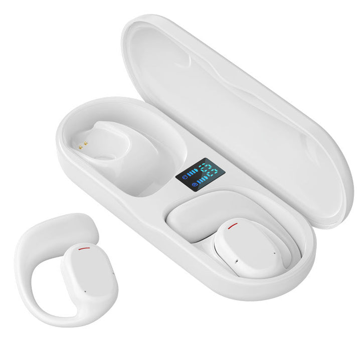 "Trådlösa Bluetooth sportöronsnäckor med öronkrokar, hängande design, öppet passform, IPX5 vattentäta, svart färg."