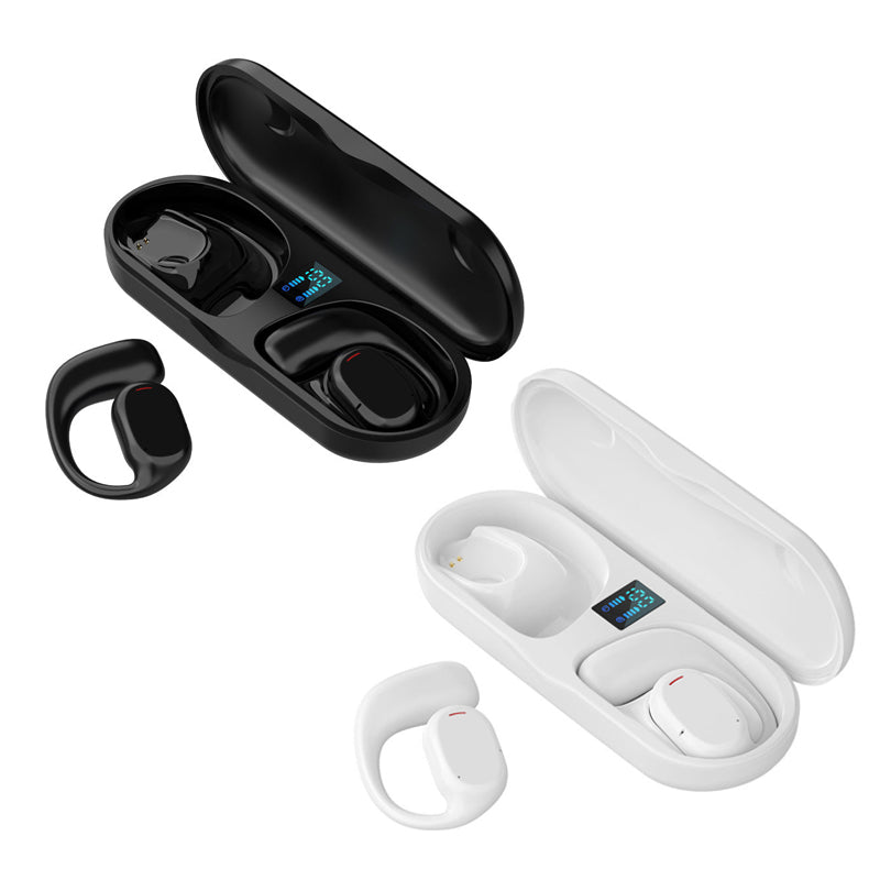 "Trådlösa Bluetooth sportöronsnäckor med öronkrokar, hängande design, öppet passform, IPX5 vattentäta, svart färg."