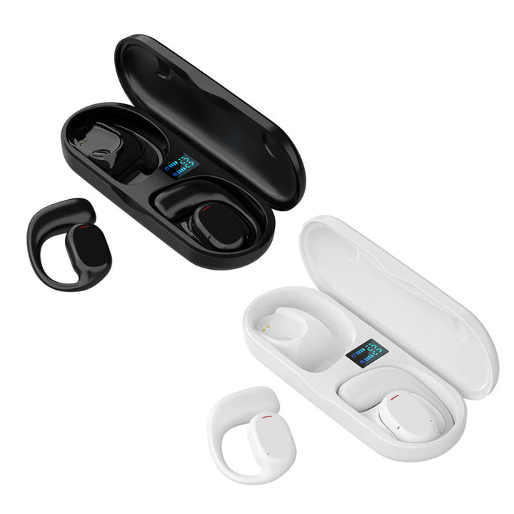 "Trådlösa Bluetooth sportöronsnäckor med öronkrokar, hängande design, öppet passform, IPX5 vattentäta, svart färg."