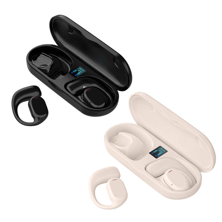 "Trådlösa Bluetooth sportöronsnäckor med öronkrokar, hängande design, öppet passform, IPX5 vattentäta, svart färg."