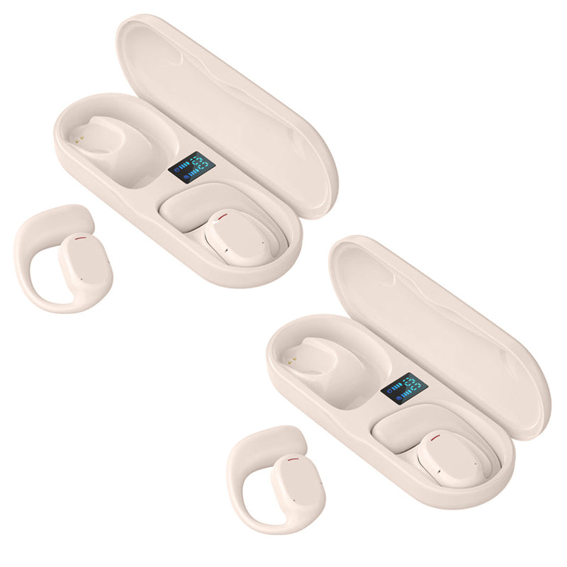 "Trådlösa Bluetooth sportöronsnäckor med öronkrokar, hängande design, öppet passform, IPX5 vattentäta, svart färg."