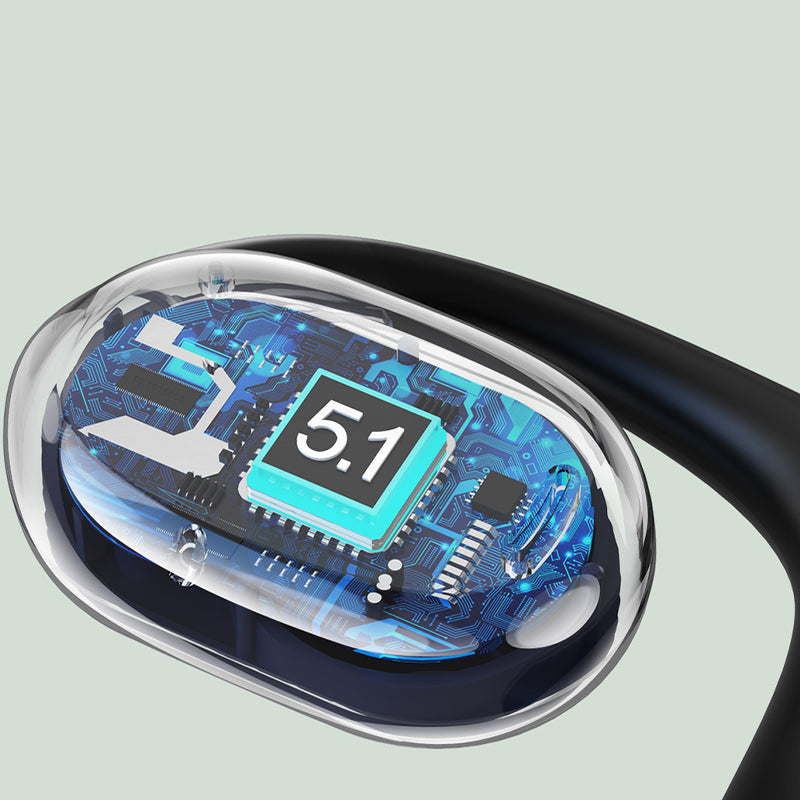 "Trådlösa Bluetooth sportöronsnäckor med öronkrokar, hängande design, öppet passform, IPX5 vattentäta, svart färg."