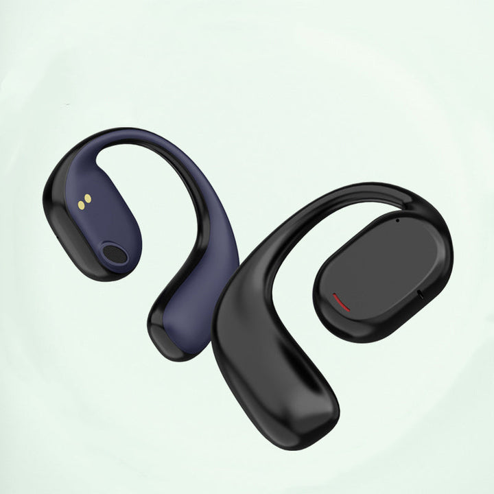 "Trådlösa Bluetooth sportöronsnäckor med öronkrokar, hängande design, öppet passform, IPX5 vattentäta, svart färg."
