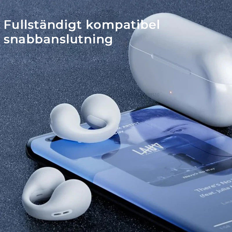 "Trådlösa hörlurar med öronklämma i svart, benledningsteknik, stilren design, perfekt för komfort och klart ljud."