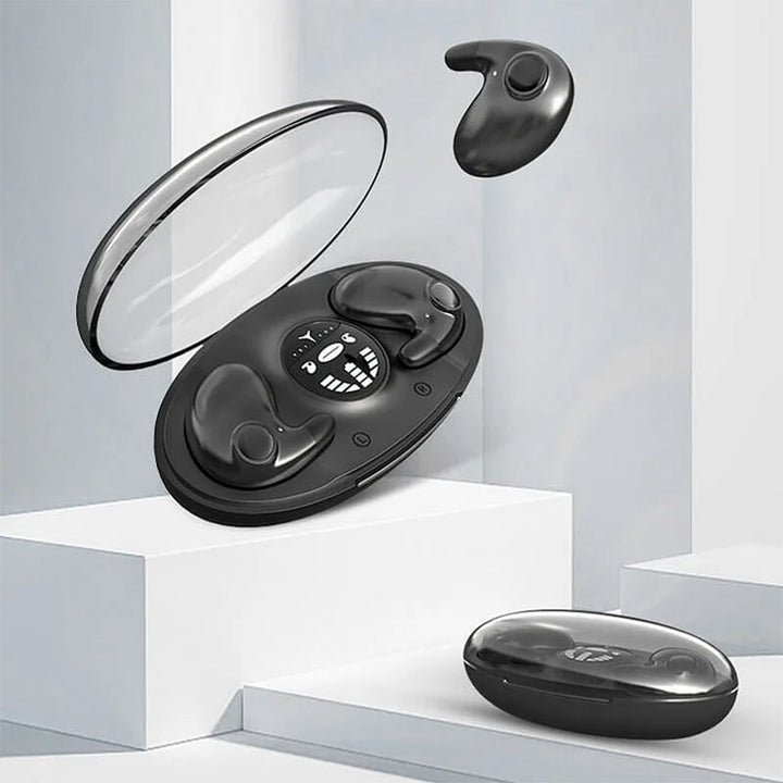 "Trådlösa invisibla hörlurar, IPX5 vattentät, ergonomisk design, små öronsnäckor, perfekt för arbete och sömn."
