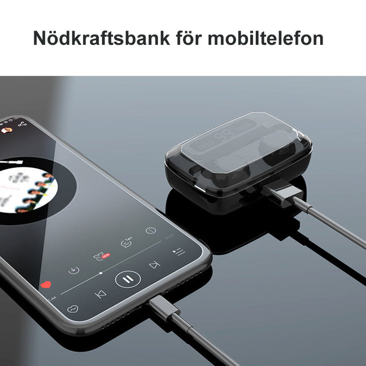 Trådlösa vattentäta öronproppar, svart design, intuitiv touchkontroll och IPX-7 skydd för träning och musikupplevelse.