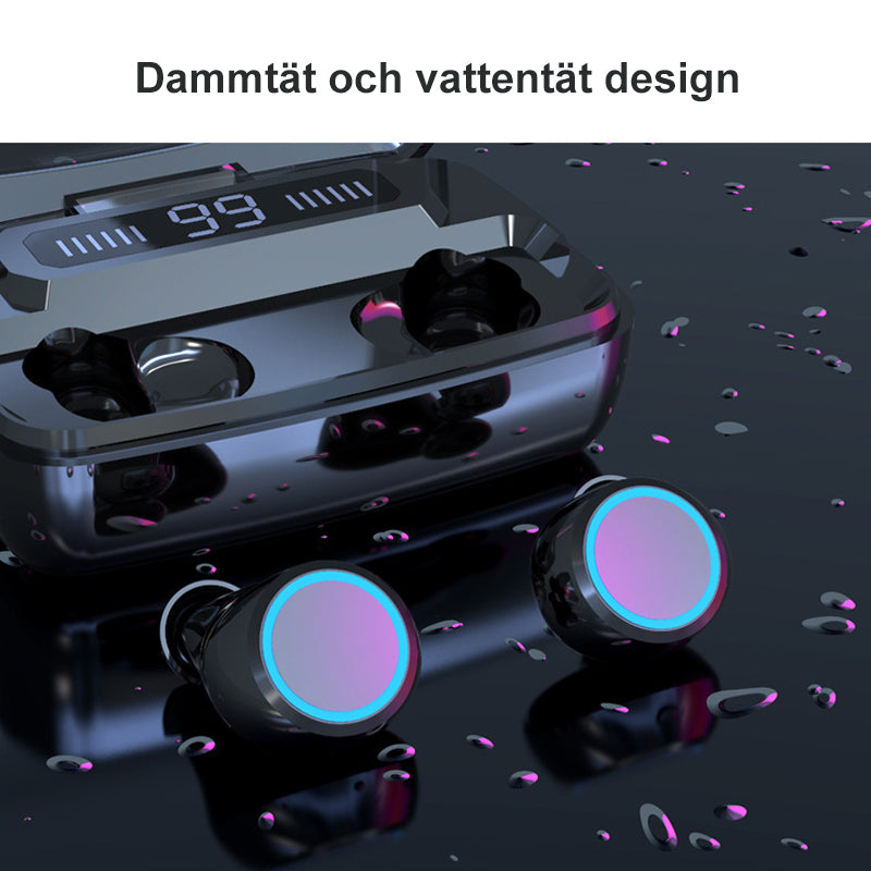 Trådlösa vattentäta öronproppar, svart design, intuitiv touchkontroll och IPX-7 skydd för träning och musikupplevelse.