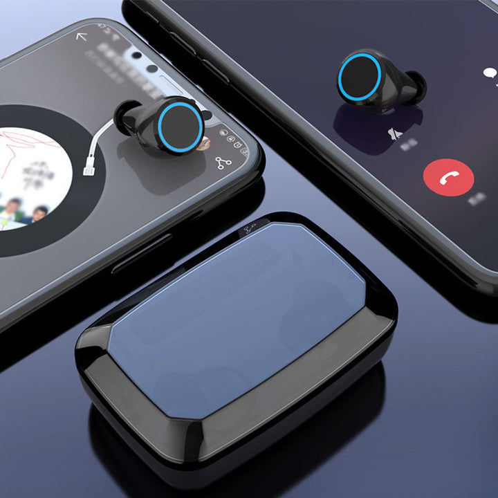 Trådlösa vattentäta öronproppar, svart design, intuitiv touchkontroll och IPX-7 skydd för träning och musikupplevelse.