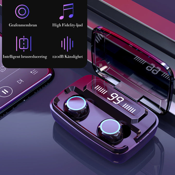 Trådlösa vattentäta öronproppar, svart design, intuitiv touchkontroll och IPX-7 skydd för träning och musikupplevelse.
