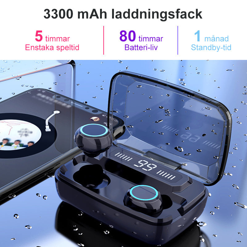 Trådlösa vattentäta öronproppar, svart design, intuitiv touchkontroll och IPX-7 skydd för träning och musikupplevelse.