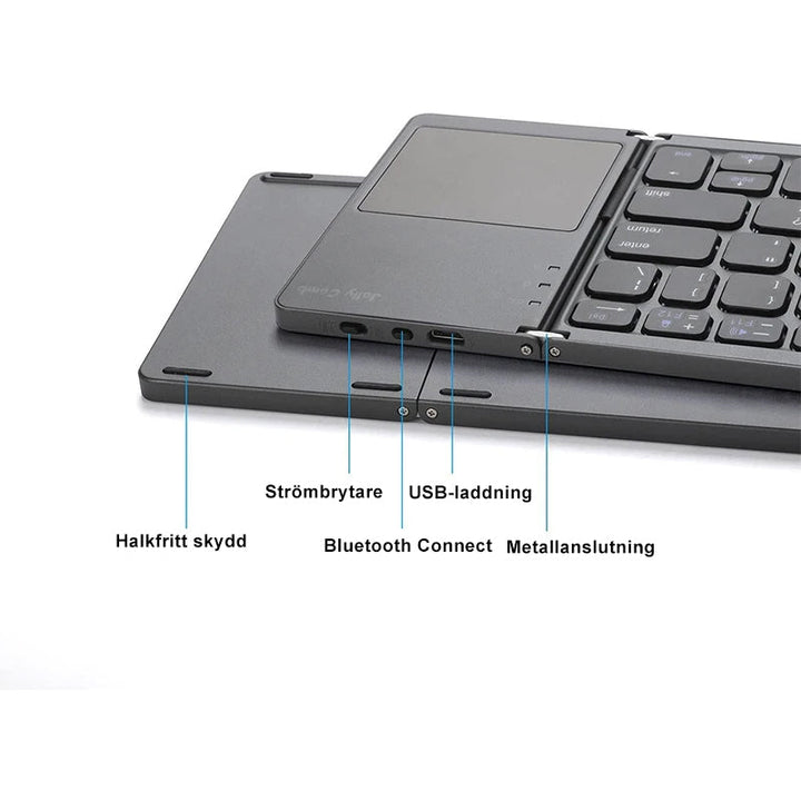 "Trådlöst Bluetooth-hopfällbart tangentbord med svart pekplatta, kompakt design, perfekt för portabelt skrivande."
