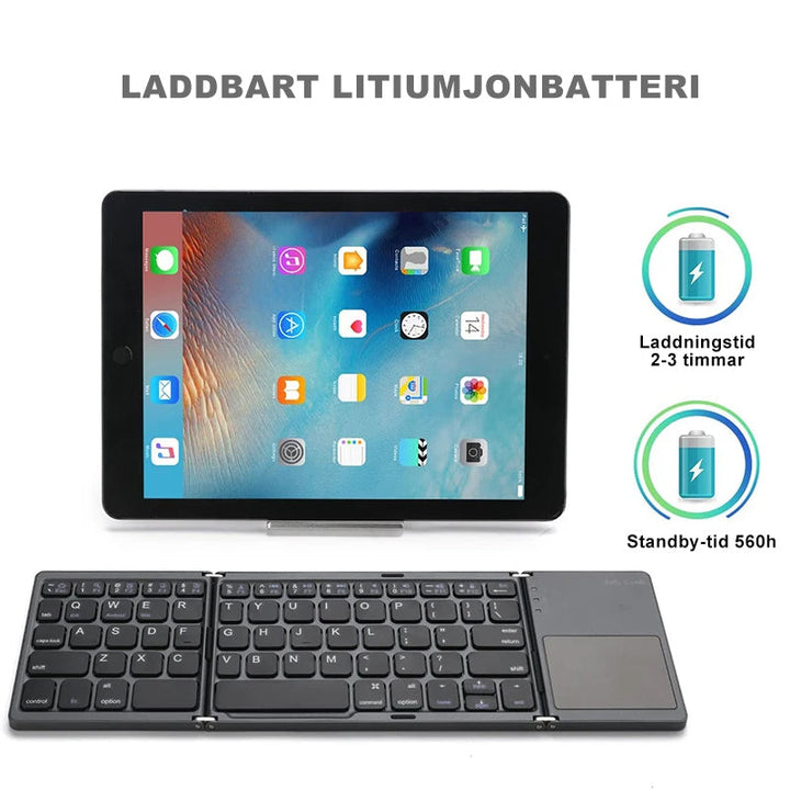 "Trådlöst Bluetooth-hopfällbart tangentbord med svart pekplatta, kompakt design, perfekt för portabelt skrivande."