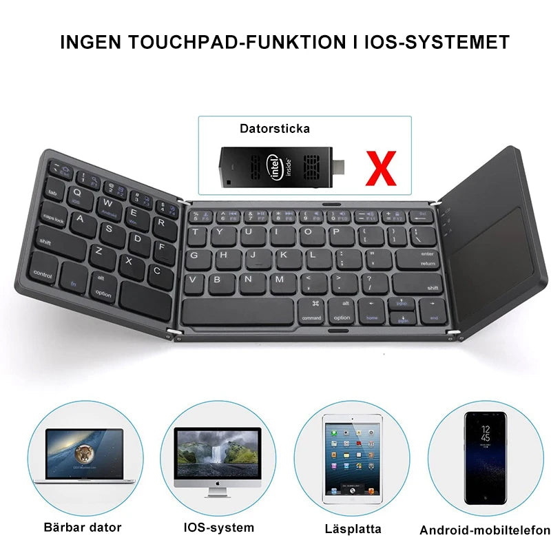 "Trådlöst Bluetooth-hopfällbart tangentbord med svart pekplatta, kompakt design, perfekt för portabelt skrivande."