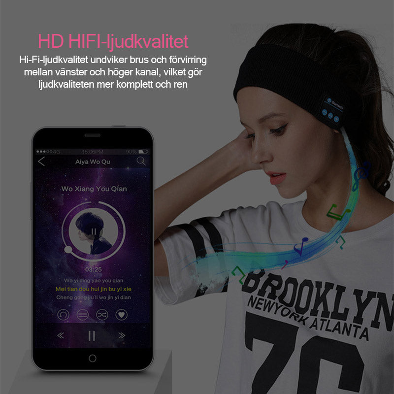 Trådlöst Bluetooth-huvudband i fleece, grått, för män och kvinnor, bekväm passform, idealiskt för träning och sömn.