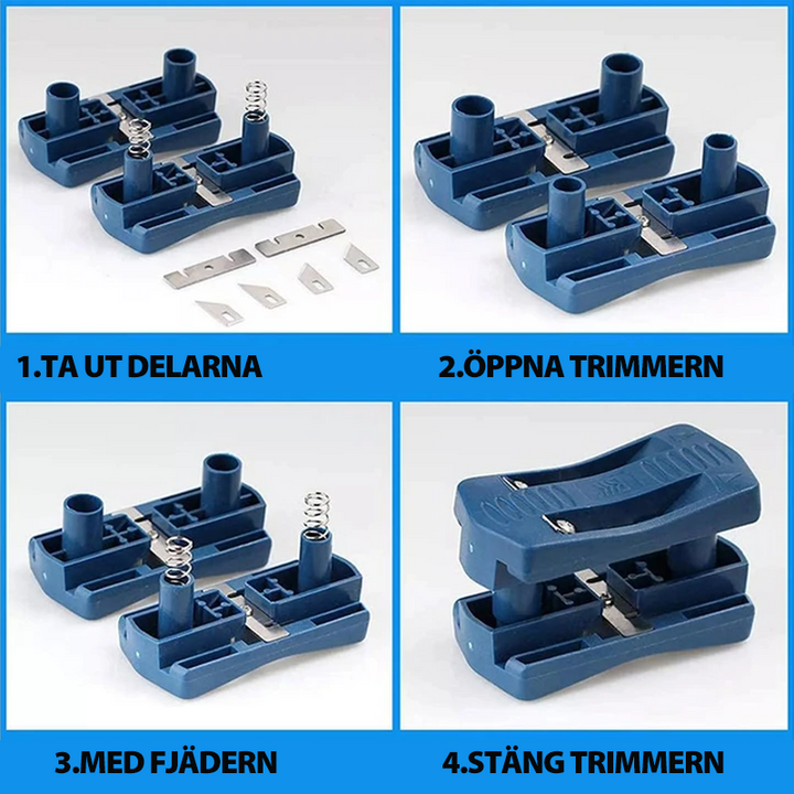 Kanttrimmning Verktyg för träfinish, blå plast, ergonomiskt handtag, högkolstålblad, perfekt för träbearbetning.