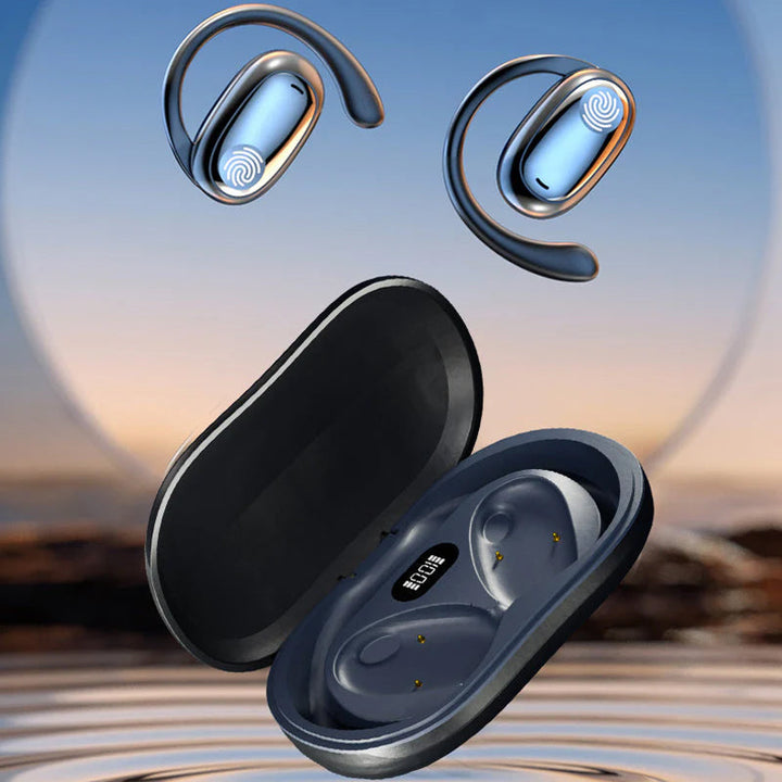 "Träningsvänliga Bluetooth 5.4 In-Ear Hörlurar med hängande design för säker passform, i svart, vit och beige färg."