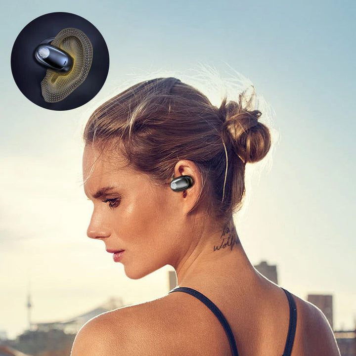 "Träningsvänliga Bluetooth 5.4 In-Ear Hörlurar med hängande design för säker passform, i svart, vit och beige färg."