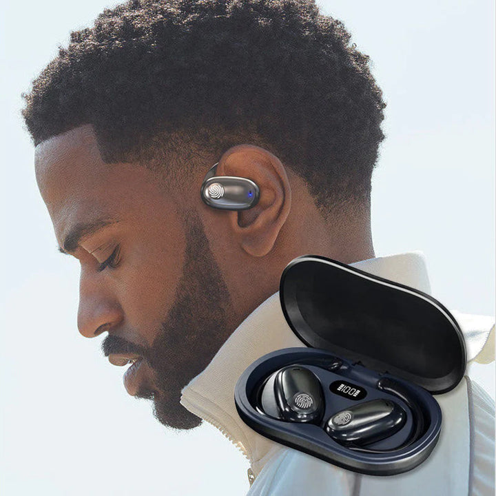 "Träningsvänliga Bluetooth 5.4 In-Ear Hörlurar med hängande design för säker passform, i svart, vit och beige färg."